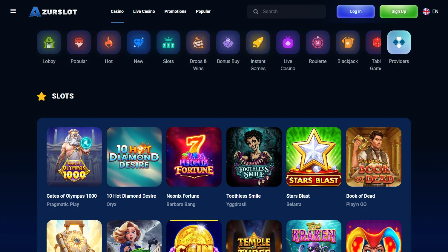 Azurslot Casino desktop casino game selection